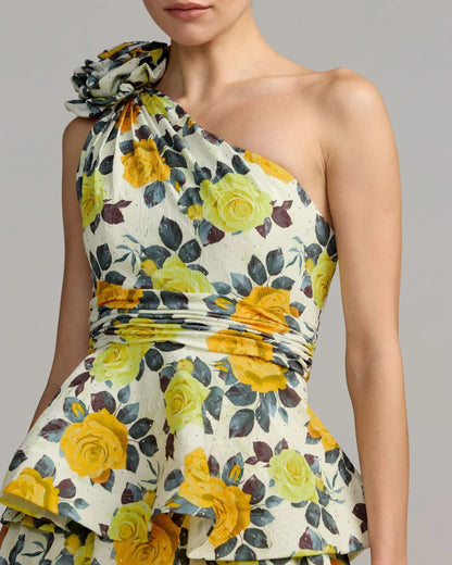 Mac Duggal Yellow One Shoulder Floral Tiered Midi Dress