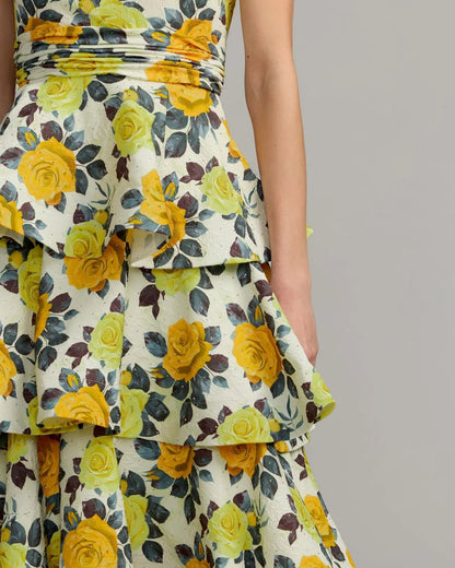 Mac Duggal Yellow One Shoulder Floral Tiered Midi Dress