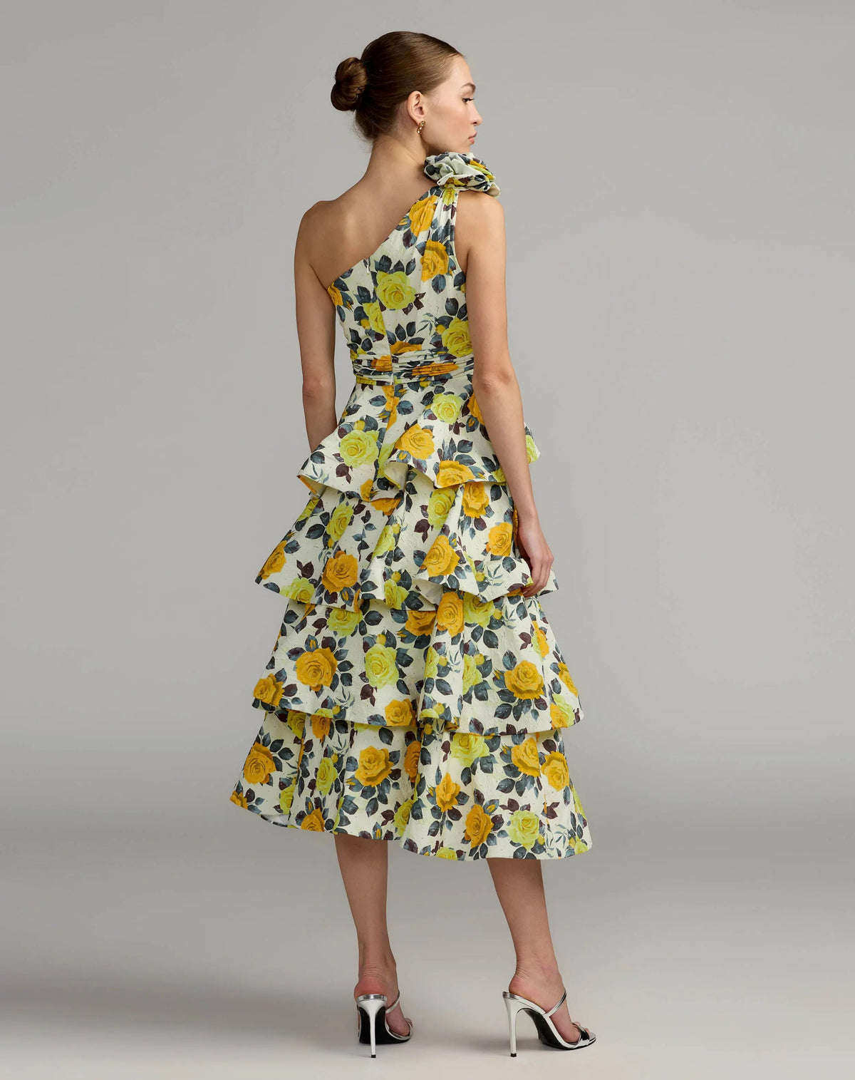 Mac Duggal Yellow One Shoulder Floral Tiered Midi Dress