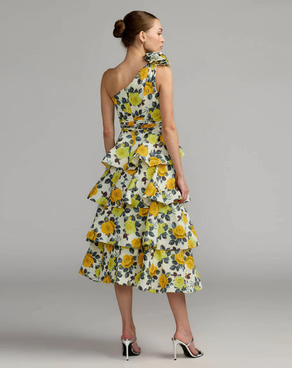 Mac Duggal Yellow One Shoulder Floral Tiered Midi Dress