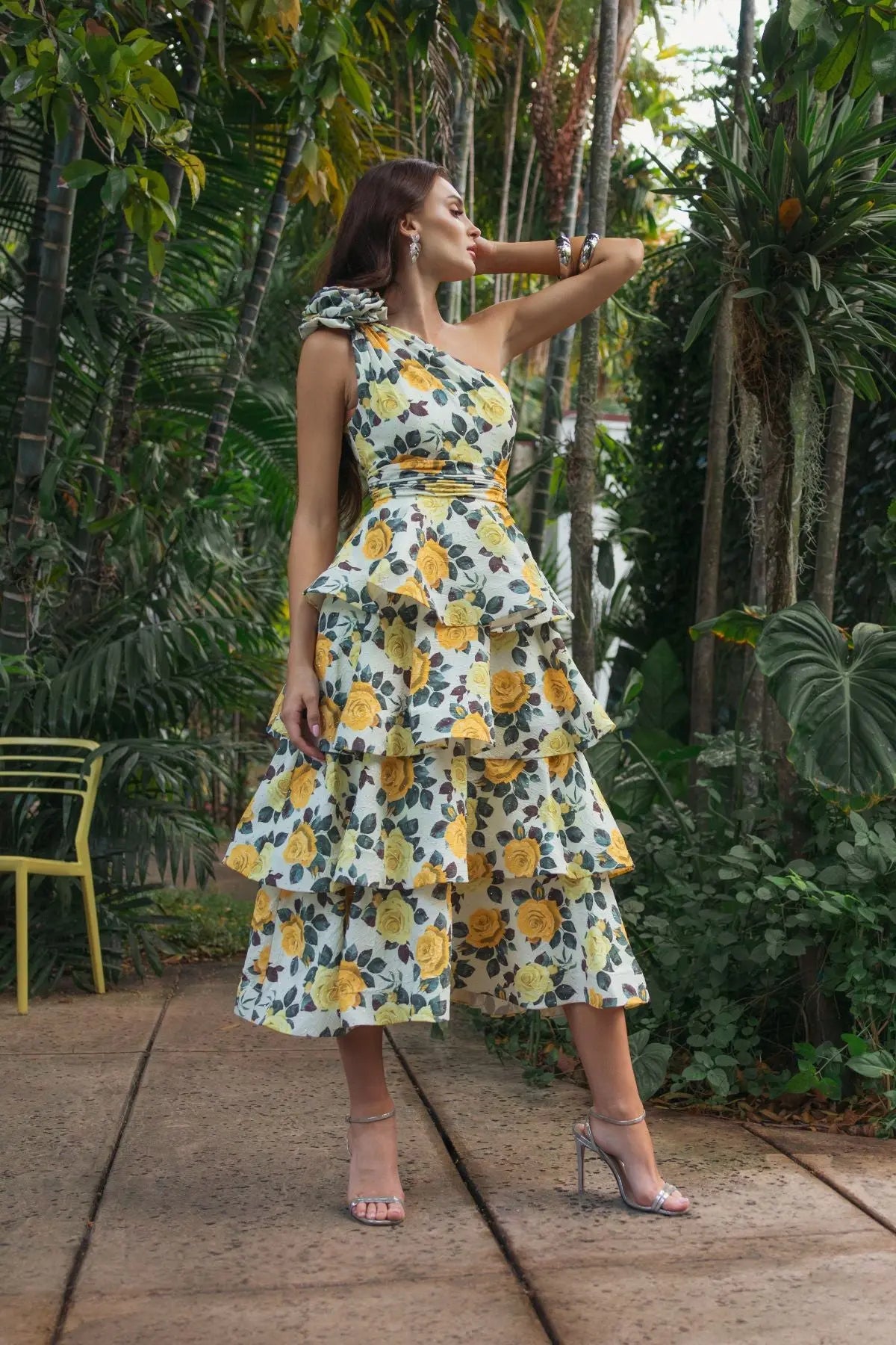 Mac Duggal Yellow One Shoulder Floral Tiered Midi Dress