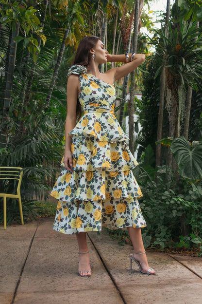Mac Duggal Yellow One Shoulder Floral Tiered Midi Dress
