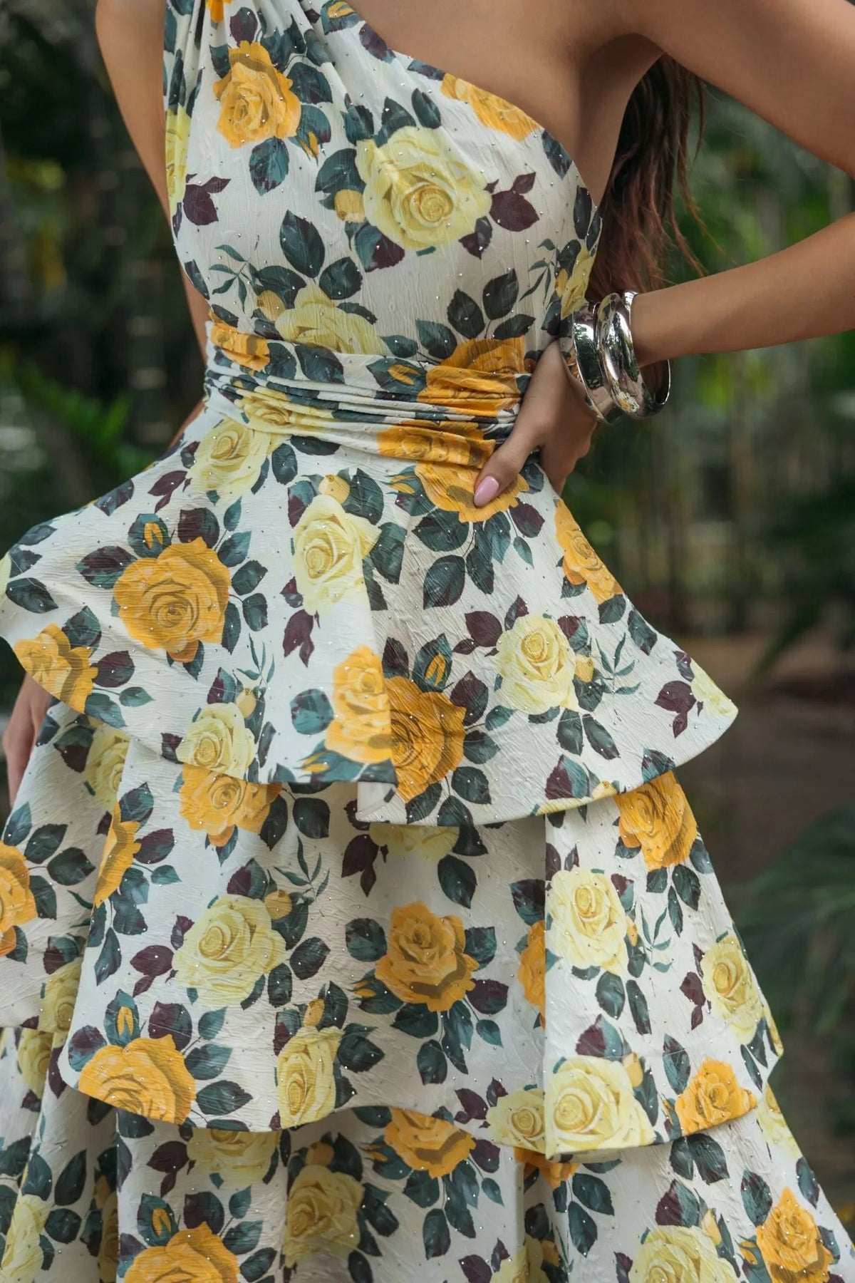 Mac Duggal Yellow One Shoulder Floral Tiered Midi Dress