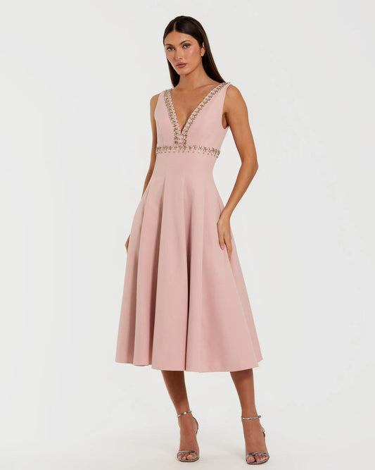 Mac Duggal Pink Rhinestone Embellished Crepe A-Line Midi Dress