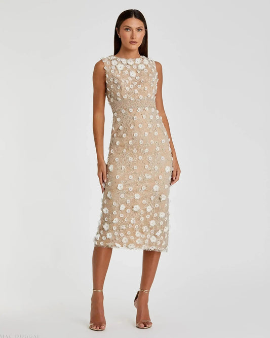 Mac Duggal Petite Nude Floral Applique Sleeveless Midi Dress