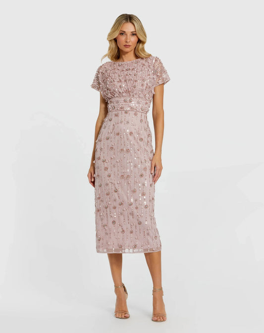 Mac Duggal Petite Pink Cap Sleeve Sheath Midi Dress With Floral Beading
