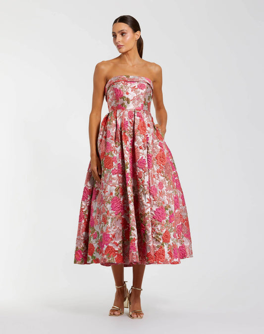 Mac Duggal Pink Floral Brocade Strapless A-Line Midi Dress