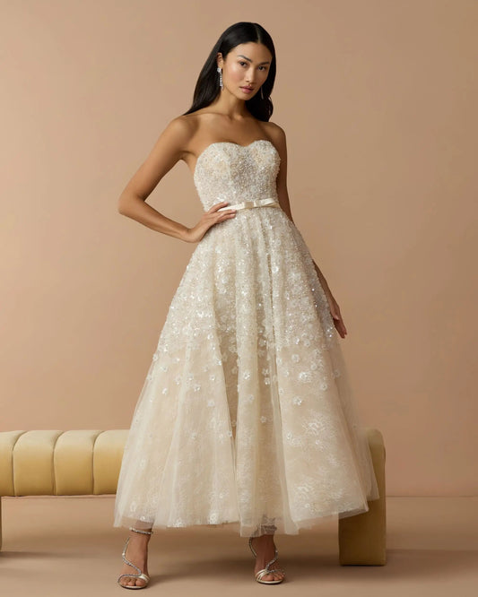 Mac Duggal Ivory Strapless Embellished Lace A-Line Midi Dress