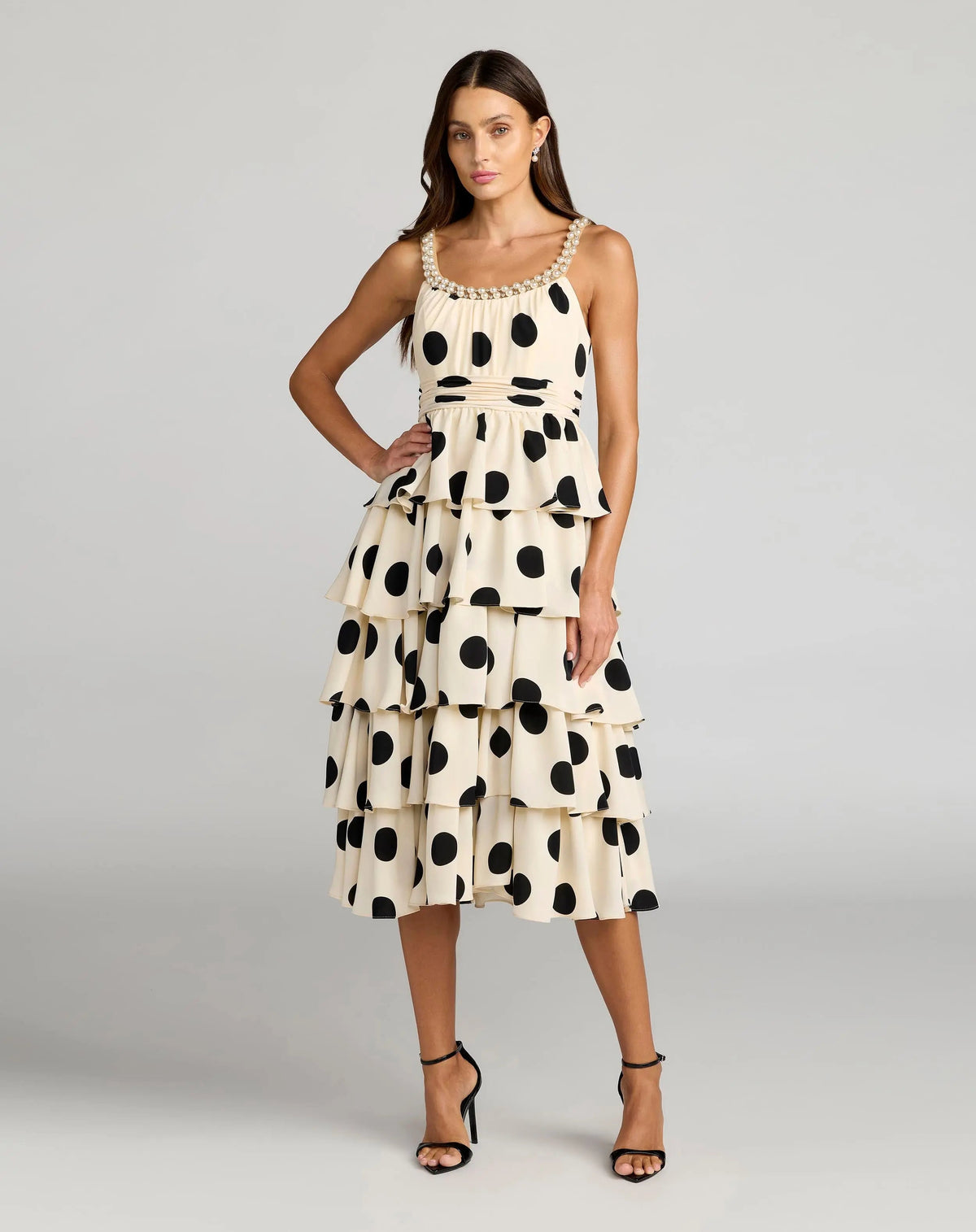 Mac Duggal Beige Pearl Embellished Polka Dot Midi Dress