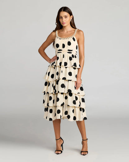 Mac Duggal Beige Pearl Embellished Polka Dot Midi Dress