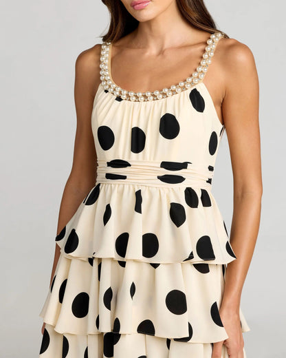 Mac Duggal Beige Pearl Embellished Polka Dot Midi Dress