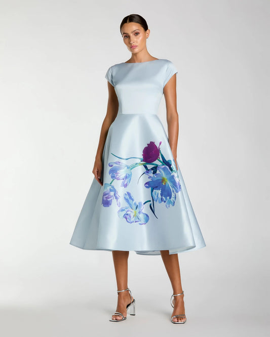 Mac Duggal Blue Satin Cap Sleeve Midi Dress With Floral Print