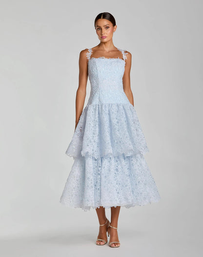 Mac Duggal Blue Sleeveless Embroidered Lace Tiered Midi Dress