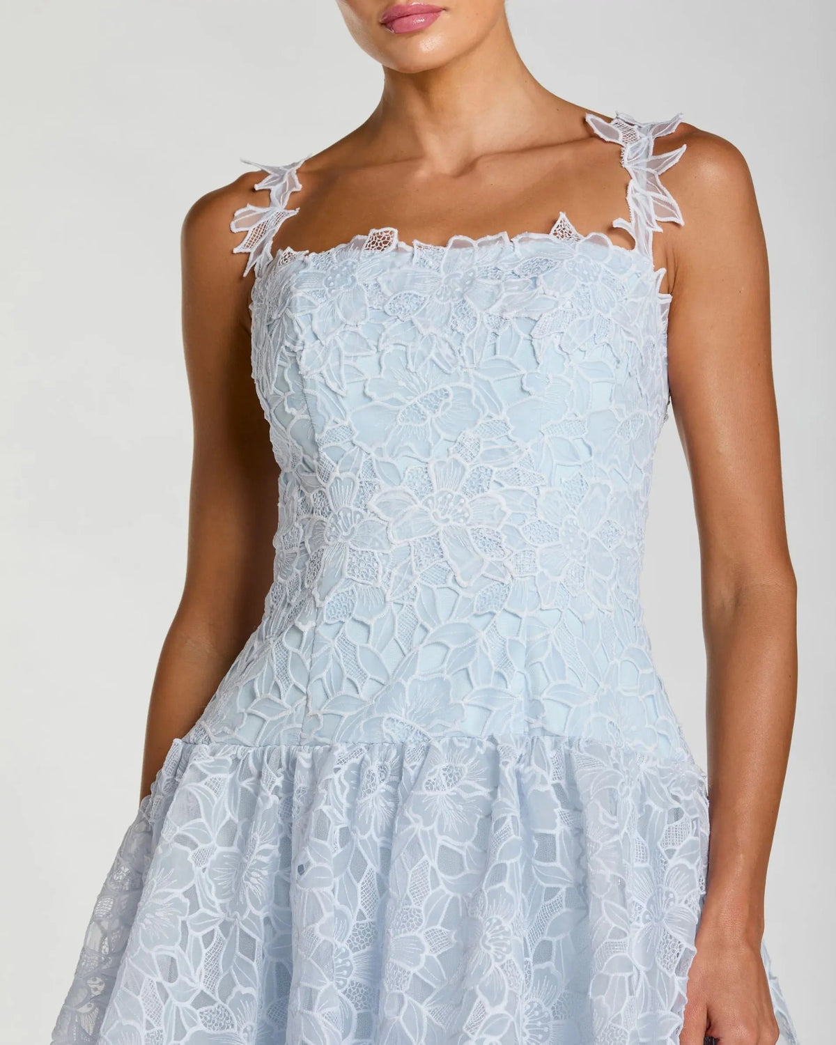 Mac Duggal Blue Sleeveless Embroidered Lace Tiered Midi Dress