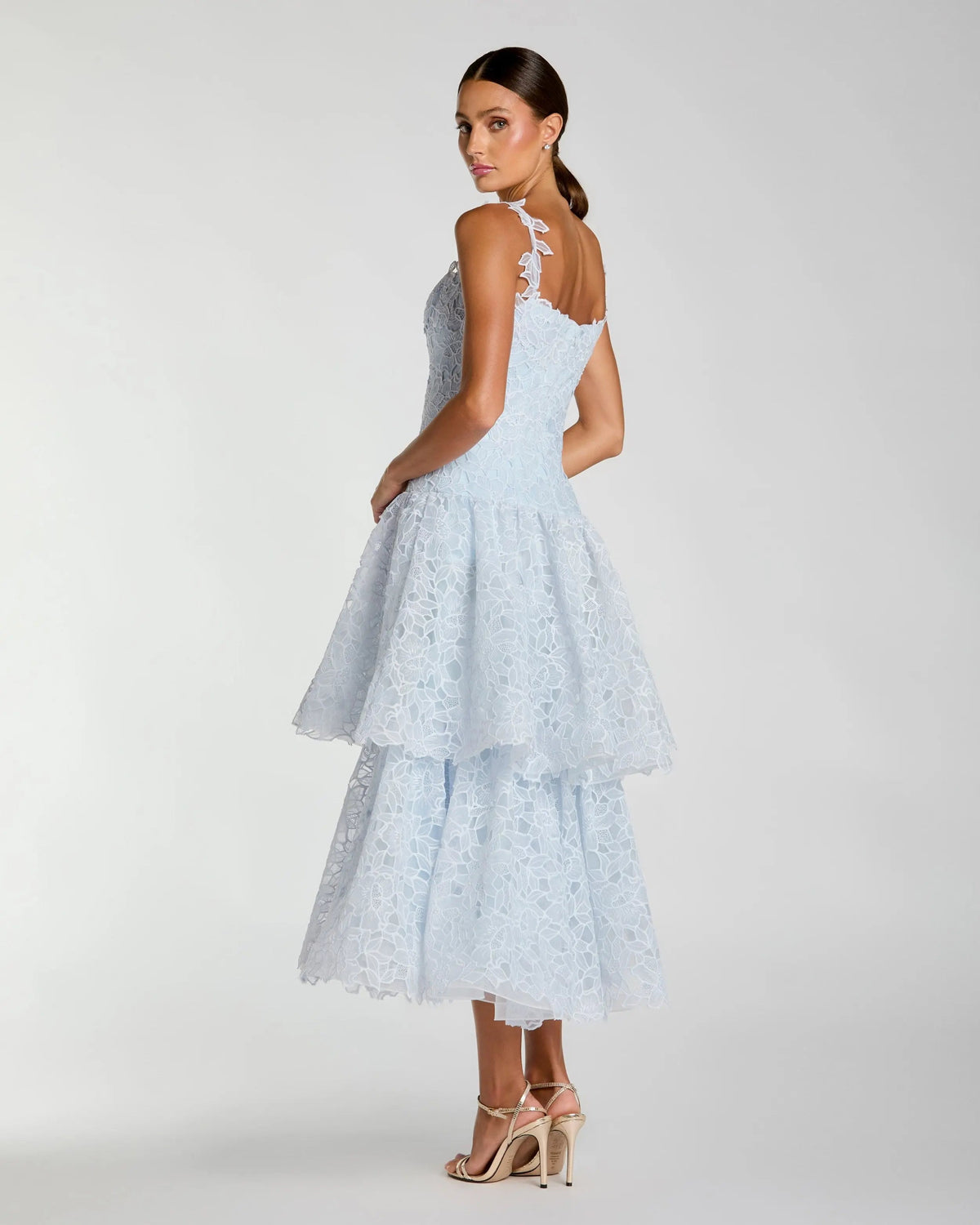 Mac Duggal Blue Sleeveless Embroidered Lace Tiered Midi Dress