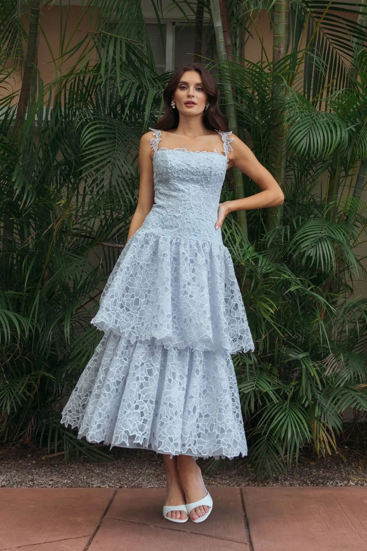 Mac Duggal Blue Sleeveless Embroidered Lace Tiered Midi Dress