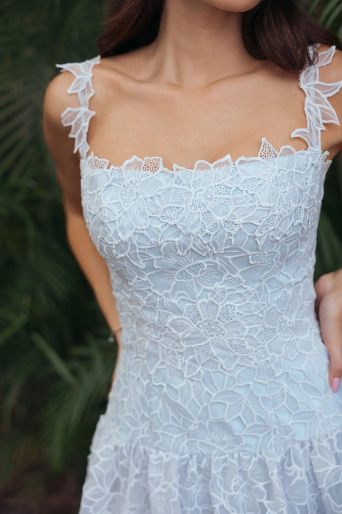 Mac Duggal Blue Sleeveless Embroidered Lace Tiered Midi Dress