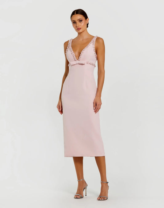 Mac Duggal Pink Crepe Fitted Midi Dress With Bow And Beaded Trim