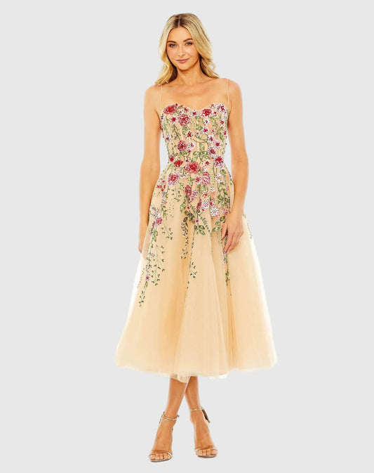 Mac Duggal Beige Bustier Embroidered Floral A-Line Dress