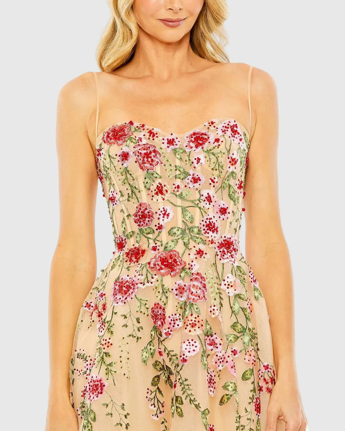 Mac Duggal Beige Bustier Embroidered Floral A-Line Dress