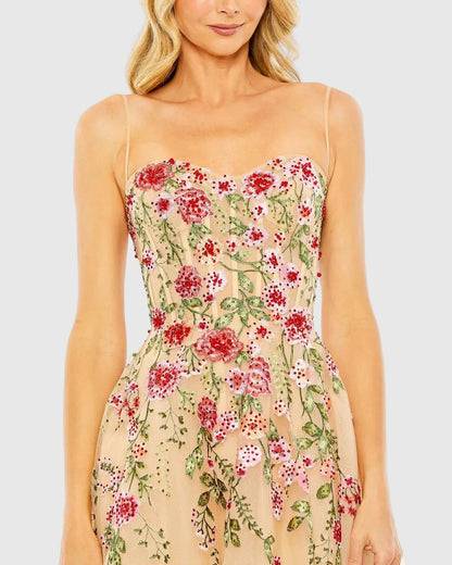 Mac Duggal Beige Bustier Embroidered Floral A-Line Dress