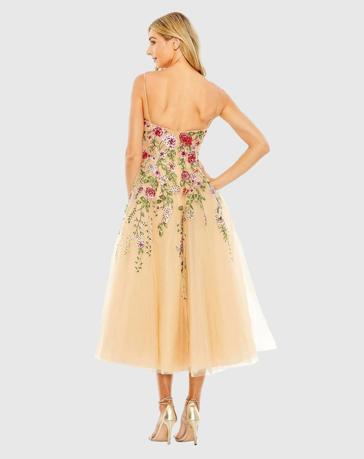 Mac Duggal Beige Bustier Embroidered Floral A-Line Dress