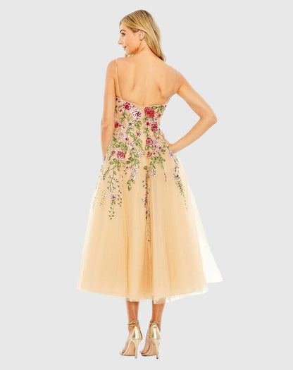 Mac Duggal Beige Bustier Embroidered Floral A-Line Dress