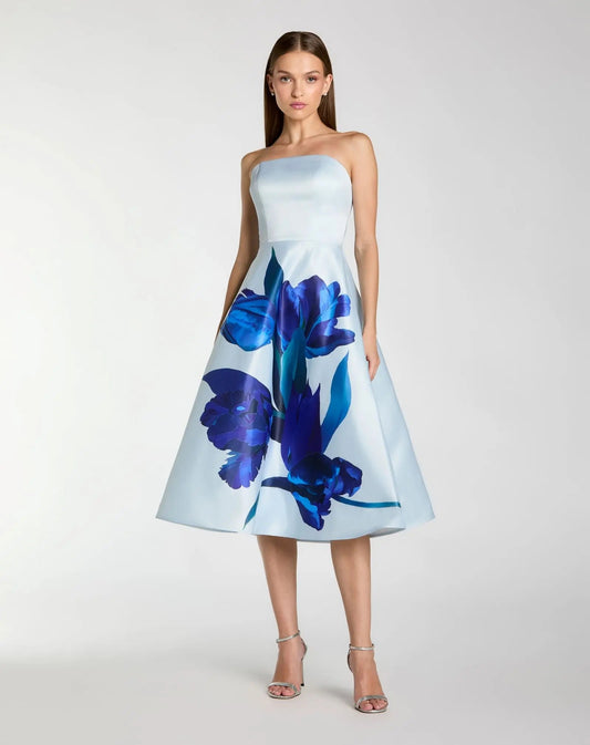 Mac Duggal Blue Strapless Satin Midi Dress With Flower Print