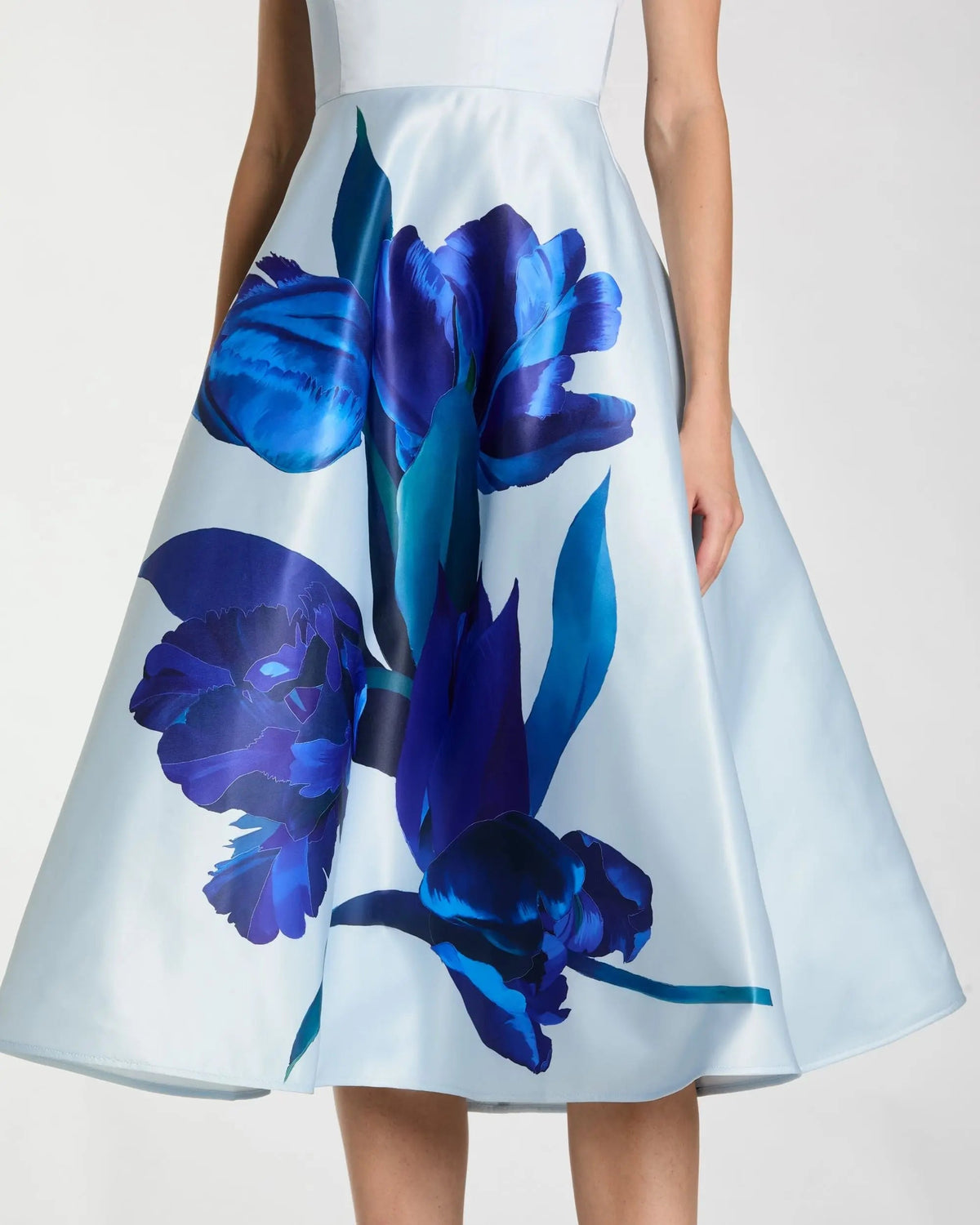 Mac Duggal Blue Strapless Satin Midi Dress With Flower Print