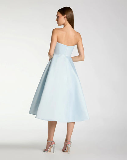 Mac Duggal Blue Strapless Satin Midi Dress With Flower Print