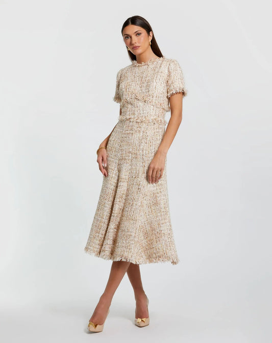 Mac Duggal Petite Beige Boucle Short Sleeve A Line Midi Dress