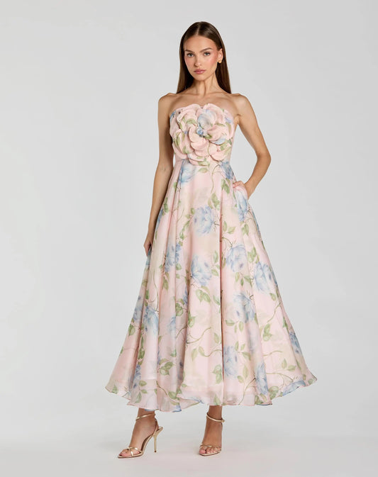 Mac Duggal Pink Strapless Floral Organza Midi Dress With Flower