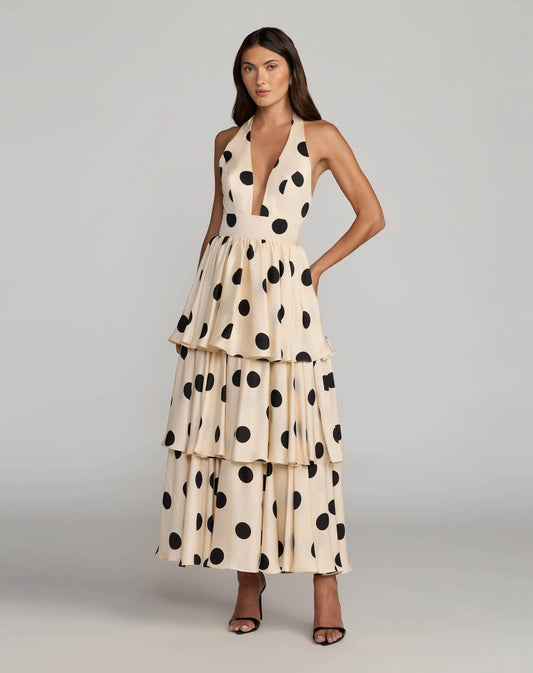 Mac Duggal Beige Halter Neck Polka Dot Ruffle Maxi Dress