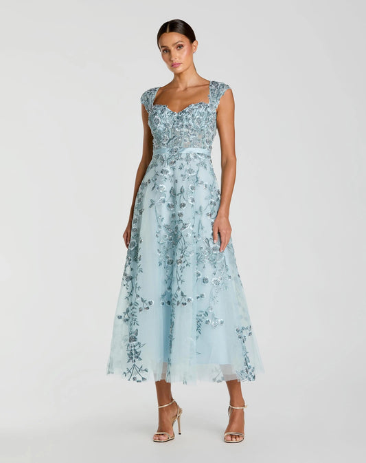 Mac Duggal Blue Floral Embroidered Sweetheart Neckline Midi Dress