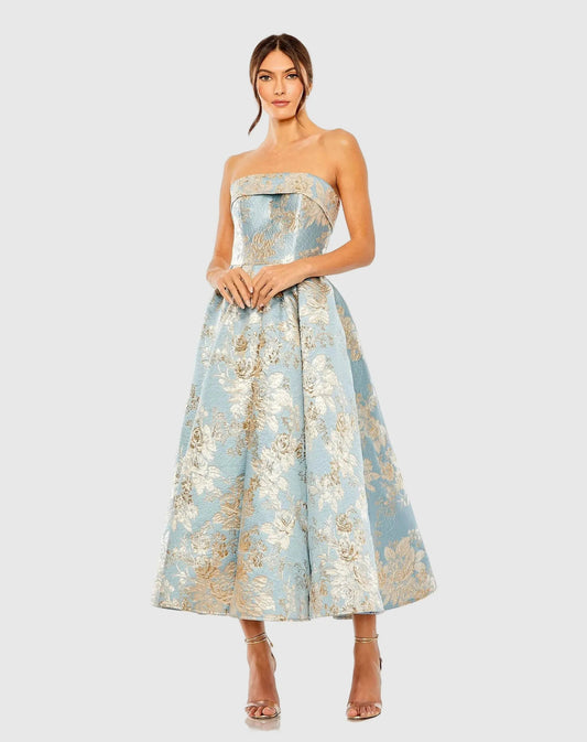 Mac Duggal Petite Light Blue Strapless Brocade Midi Dress With Pockets