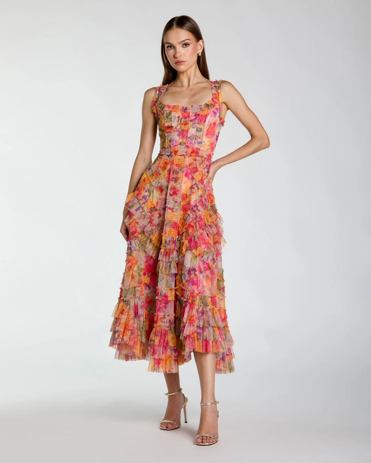 Mac Duggal Multicolor Floral Scoop Neck A-Line Ruffle Midi Dress