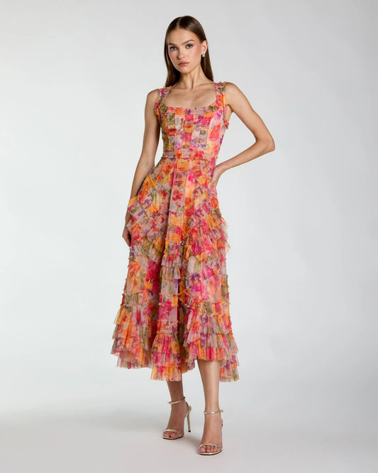 Mac Duggal Multicolor Floral Scoop Neck A-Line Ruffle Midi Dress