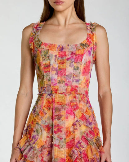 Mac Duggal Multicolor Floral Scoop Neck A-Line Ruffle Midi Dress