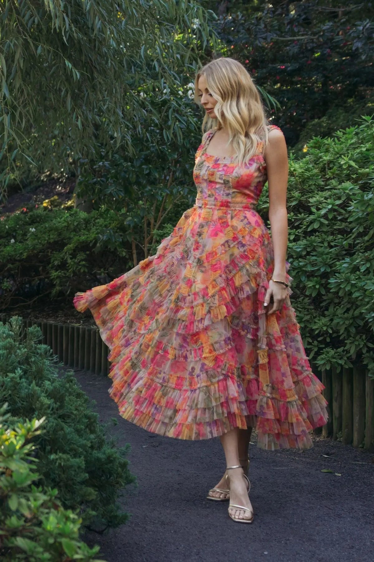 Mac Duggal Multicolor Floral Scoop Neck A-Line Ruffle Midi Dress