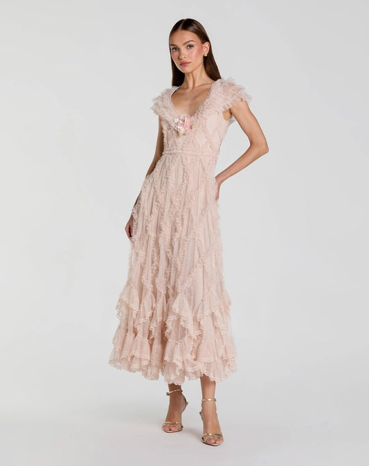 Mac Duggal Pink Micro Ruffle Cap Sleeve A-Line Midi Dress