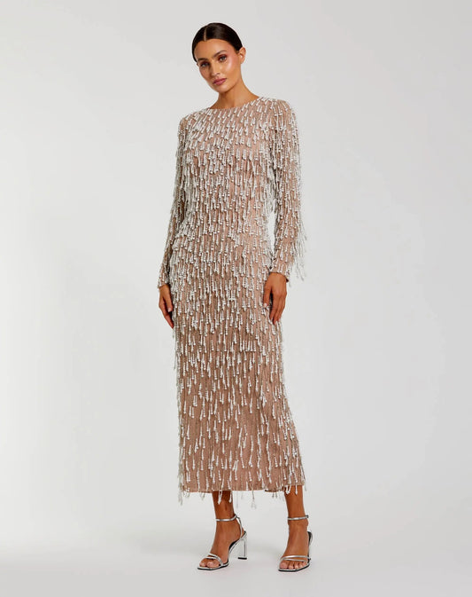 Mac Duggal Beige Long Sleeve Midi Dress With Embellished Fringe