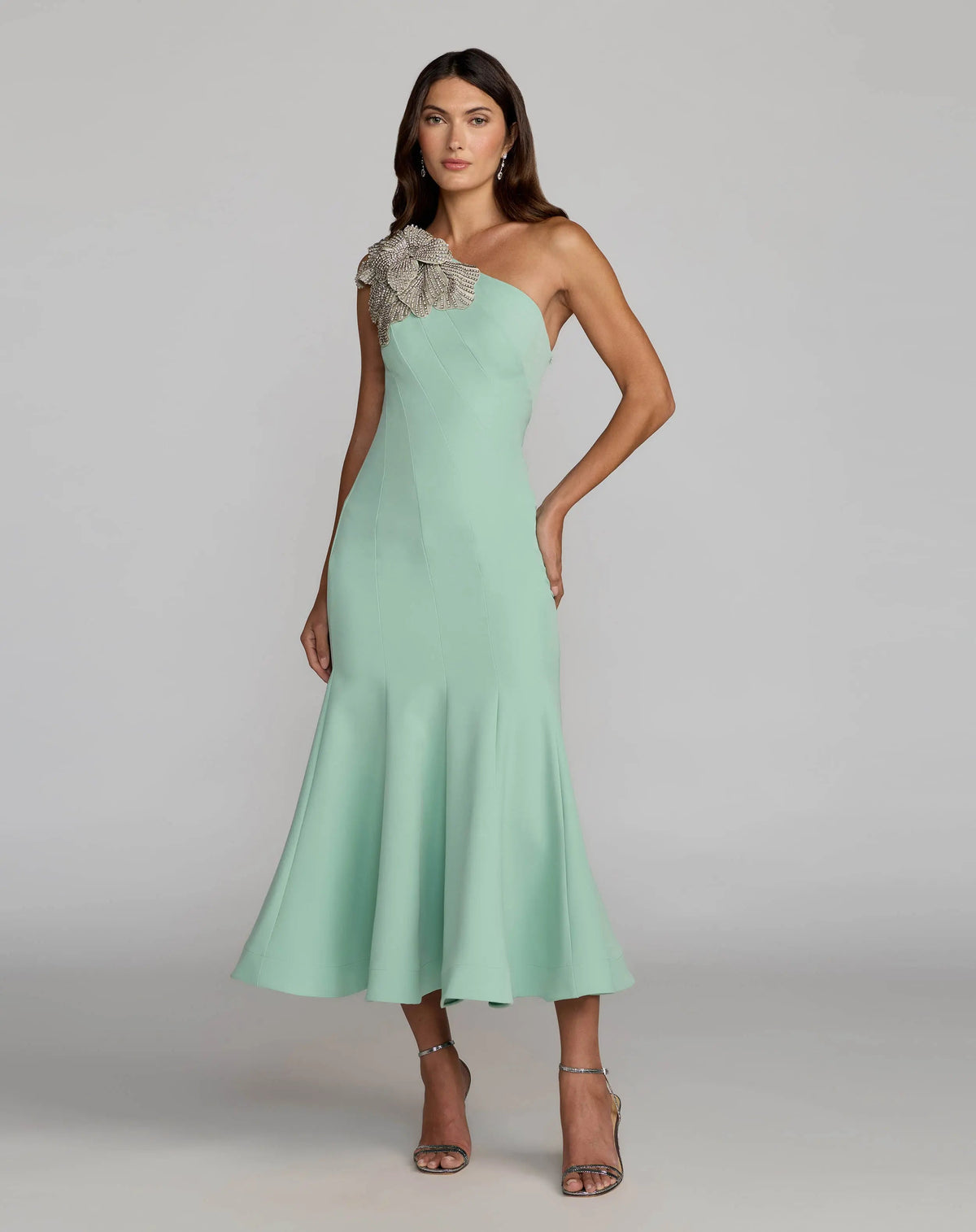Mac Duggal Green Crepe One Shoulder Midi Dress With 3D Flower
