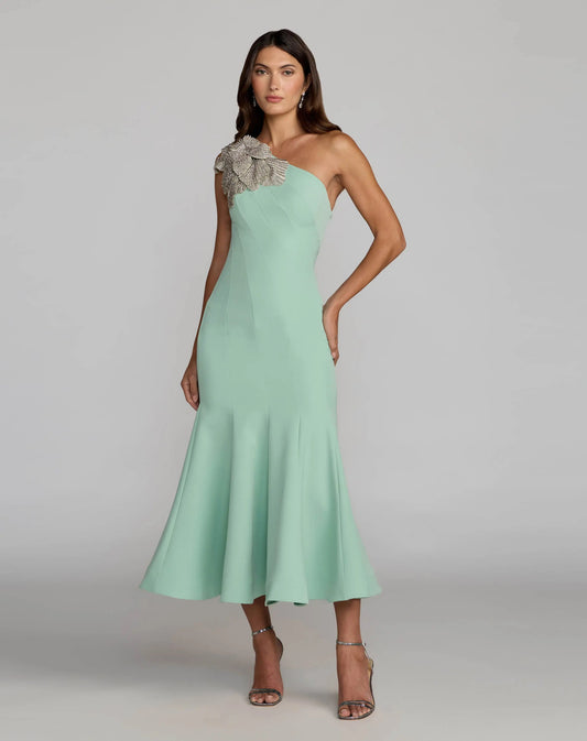 Mac Duggal Green Crepe One Shoulder Midi Dress With 3D Flower
