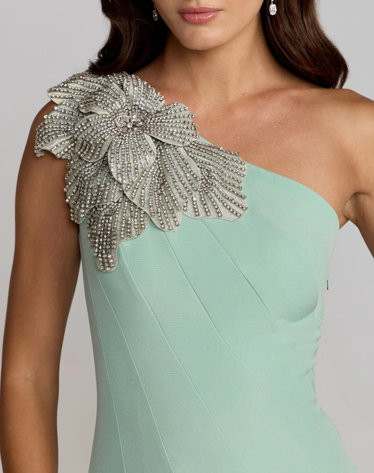 Mac Duggal Green Crepe One Shoulder Midi Dress With 3D Flower