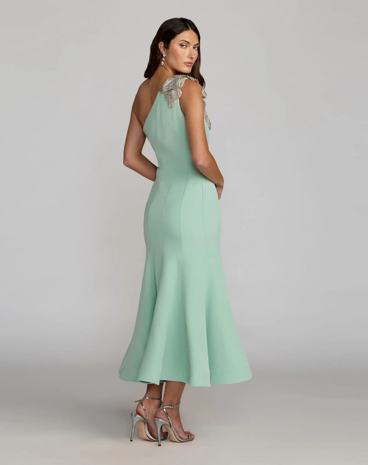 Mac Duggal Green Crepe One Shoulder Midi Dress With 3D Flower