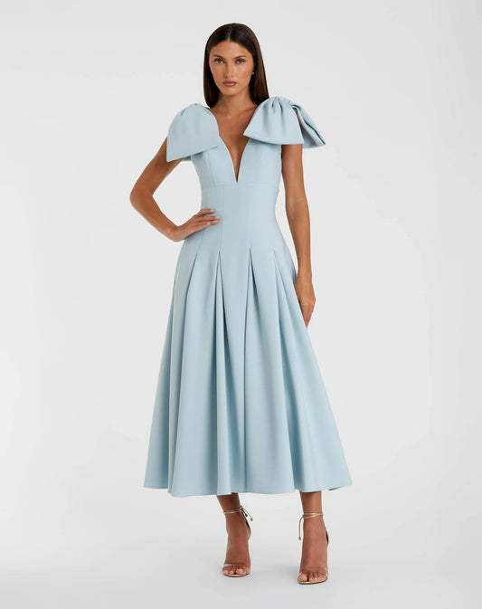 Mac Duggal Blue Crepe A Line Midi Dress With Bow Straps
