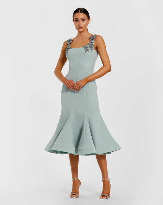 Mac Duggal Green Sleeveless Midi Dress With Floral Embellishments