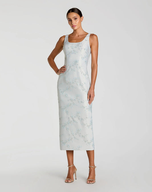 Mac Duggal Light Blue Brocade Sleeveless Scoop Neck Midi Dress