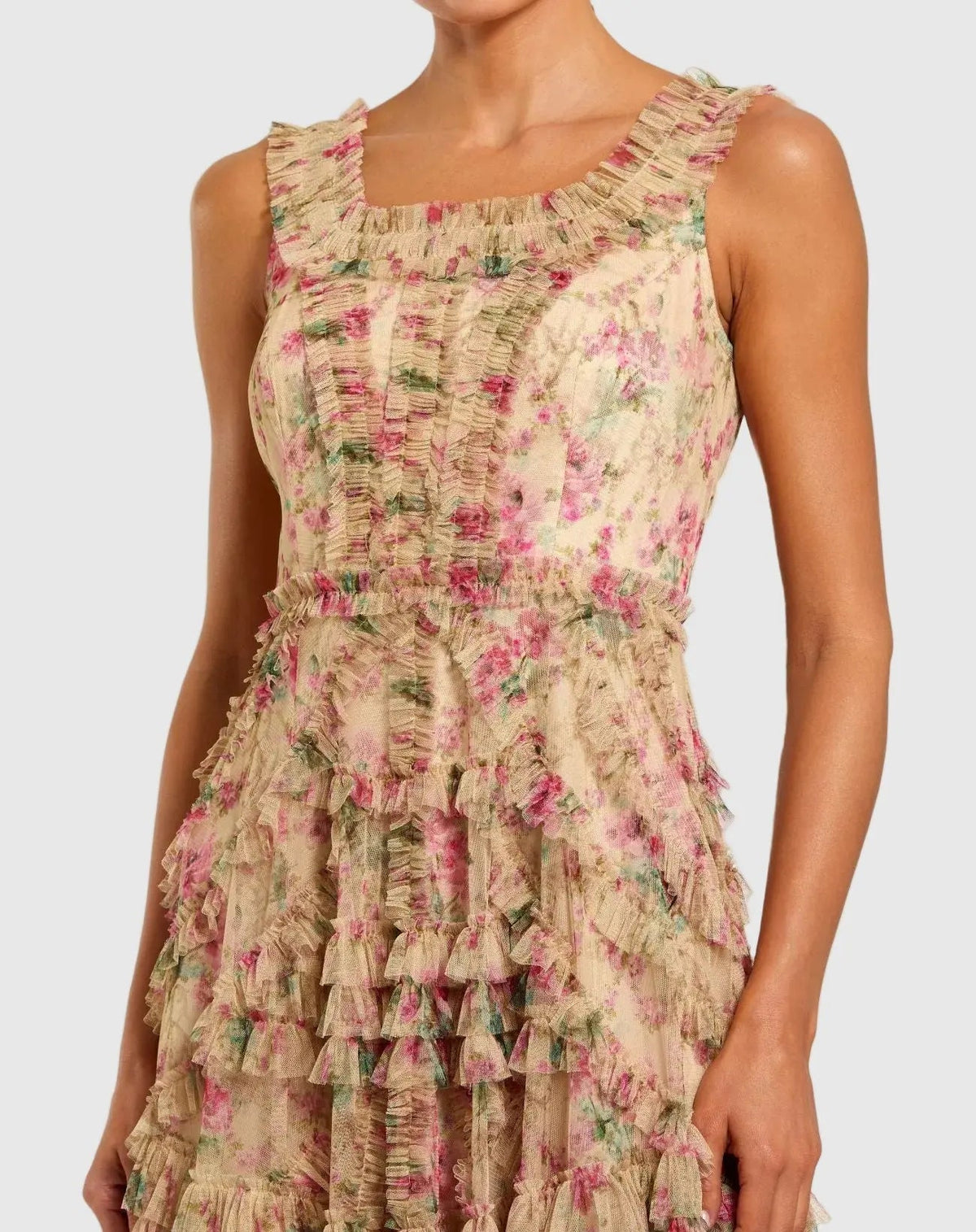 Mac Duggal Beige Floral Printed Sleeveless Ruffle Midi Dress