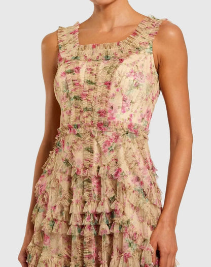 Mac Duggal Beige Floral Printed Sleeveless Ruffle Midi Dress